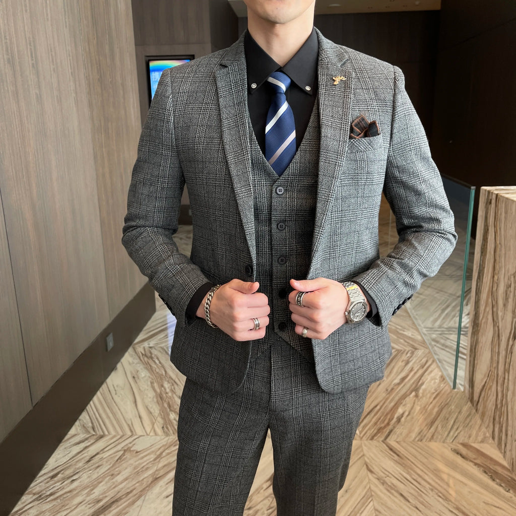 Men’s Modified Plaid Three-Piece Suit – Slim Fit England Style Vest & Trousers Set