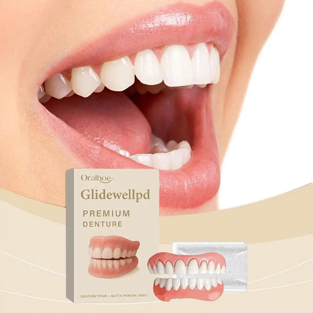 Full Denture Fake Teeth Set with Silicone Upper & Lower Veneers – Natural Fit Smile Kit with Adhesive Gel