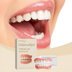 Oralure Glidewellpd Premium Denture packaging with a close-up of a mouth displaying white teeth.