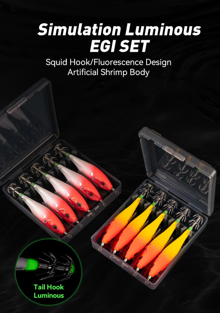 YOOFISH Luminous Horizontal Squid Jig (5pcs Set) – Premium Wood Shrimp Squid Hooks for Saltwater Fishing