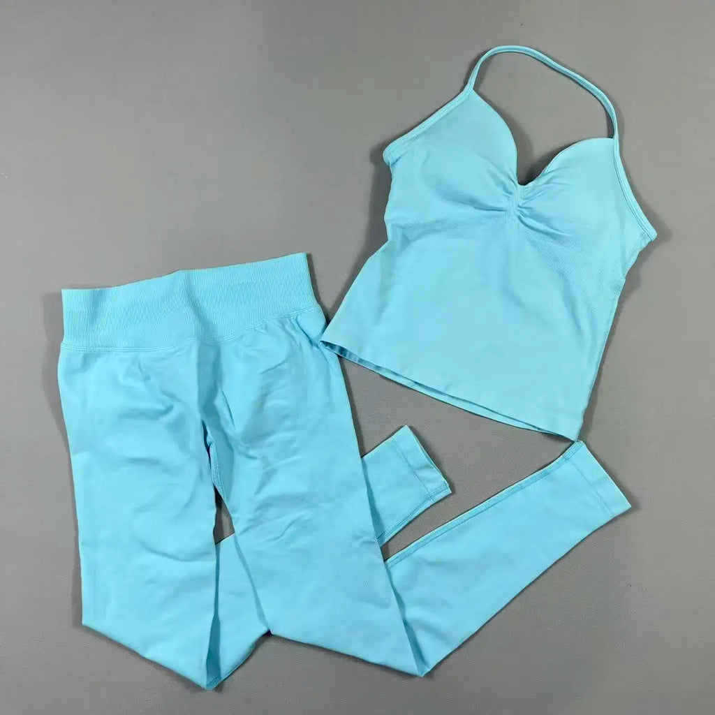 Women’s Seamless Yoga Gym Set – Backless Tank Top & High Waist Scrunch Shorts (2PCS)
