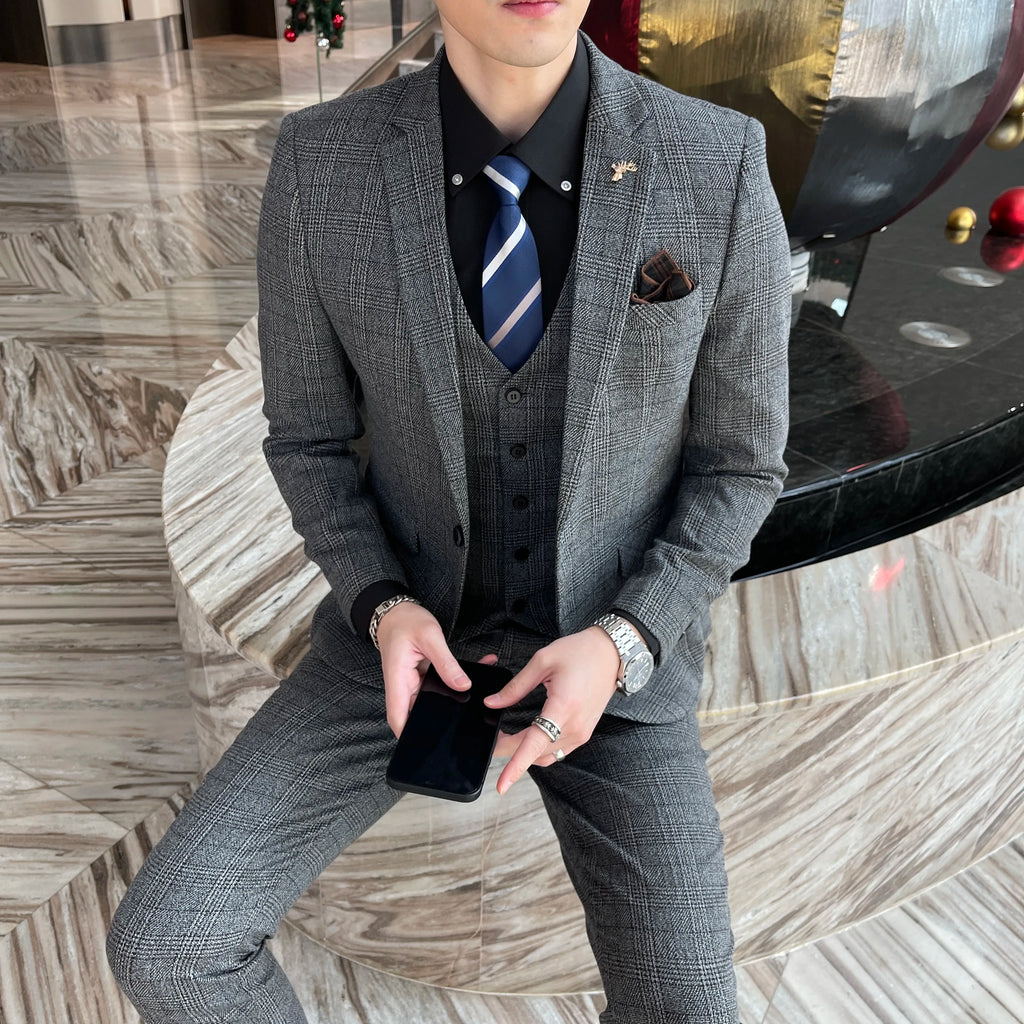 Men’s Modified Plaid Three-Piece Suit – Slim Fit England Style Vest & Trousers Set