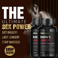 Two bottles of Men's Arginmax dietary supplements with promotional text on a dark background.