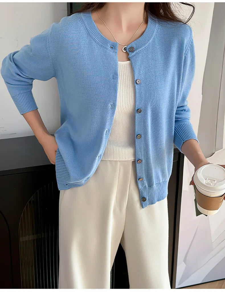 100% Cotton Women’s O-Neck Solid Cardigan – Luxury Designer Pullover