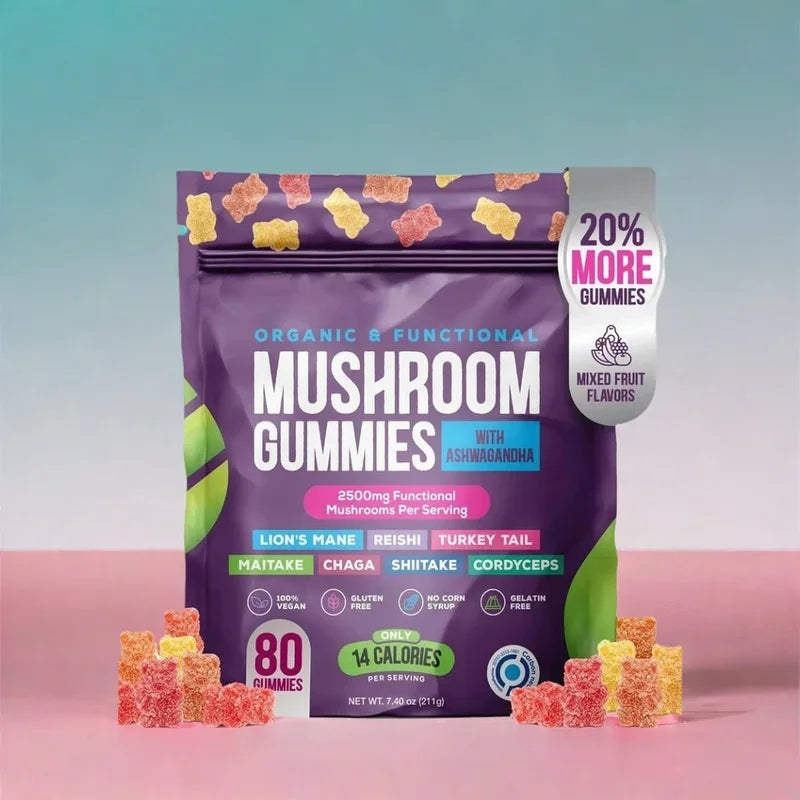 BIYODE 80 Count Organic Mushroom Gummies with Ashwagandha & Lions Mane – Immune Support, Brain Boost, Vegan Formula