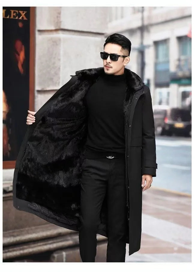 Men’s Detachable Fur One-Piece Winter Coat – Thick Faux Mink Fur Lined