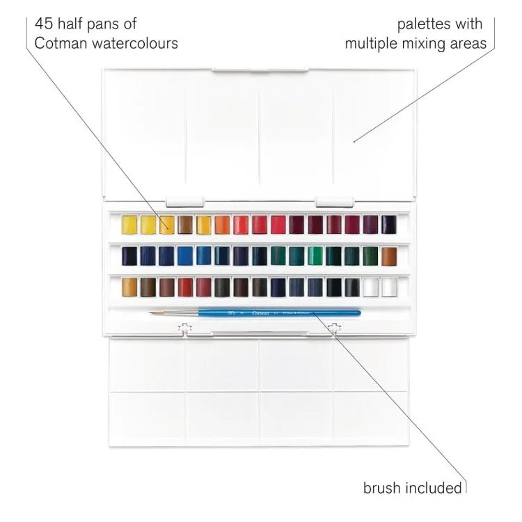Winsor & Newton Cotman Solid Watercolor Paint Set 45 Piece Half Pan Set with Brush Portable Artist Ca