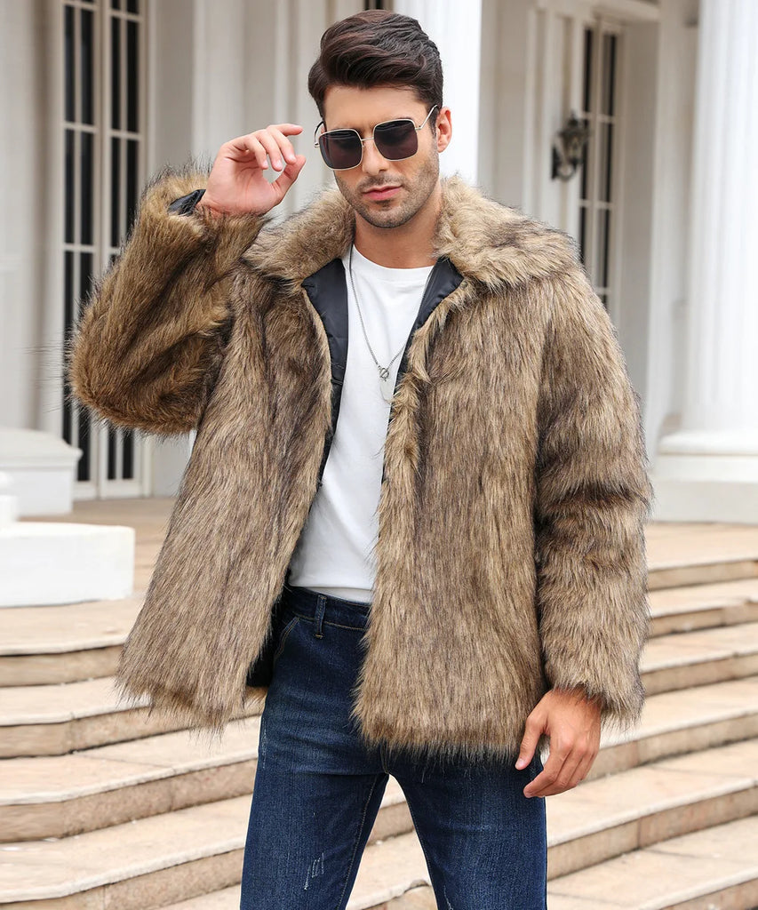 Men’s Faux Fox Fur Jacket Coat – Thick Shaggy Winter Outerwear