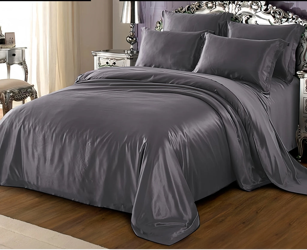 Bed Sheet Set 22mm 100% Mulberry Silk Seamless Fitted Sheet Duvet Cover Pillowcases – Dark Blue Silvery Colors