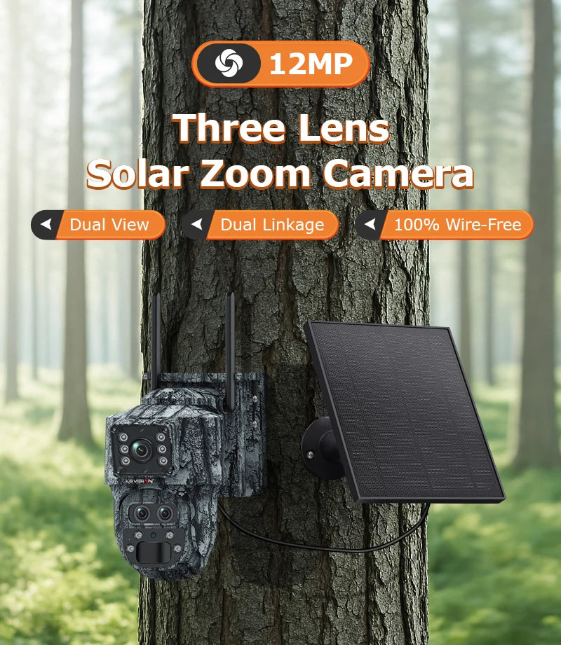LS VISION 12MP 6K Solar Camera 15X Zoom 4G/WiFi Triple Lens Night Vision PTZ Trail Camera