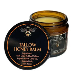 Tallow honey balm jar with black lid featuring a bee illustration on a white background