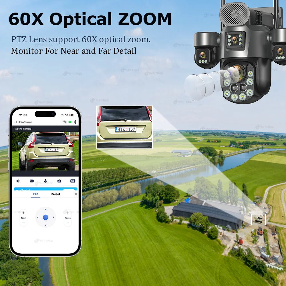 20MP 4-Lens Solar 4G Outdoor Security Camera with 60X Optical Zoom & Auto Tracking