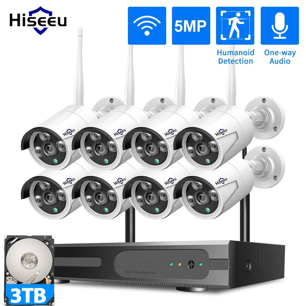 Hiseeu 3/5MP WiFi CCTV Camera Security System 10CH NVR Wireless Surveillance with IR Night Vision