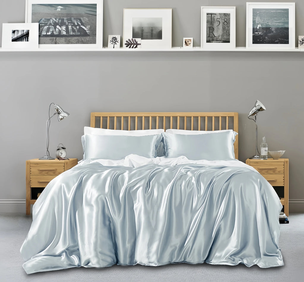 Bed Sheet Set 22mm 100% Mulberry Silk Seamless Fitted Sheet Duvet Cover Pillowcases – Dark Blue Silvery Colors