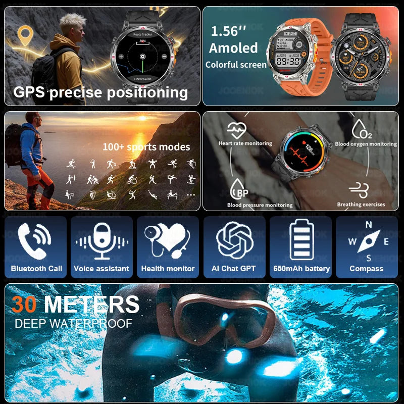 Outdoor Sports Smartwatch for Men – GPS, 1.56-inch AMOLED, 5ATM Waterproof, 650mAh Battery, Compass & HD Call