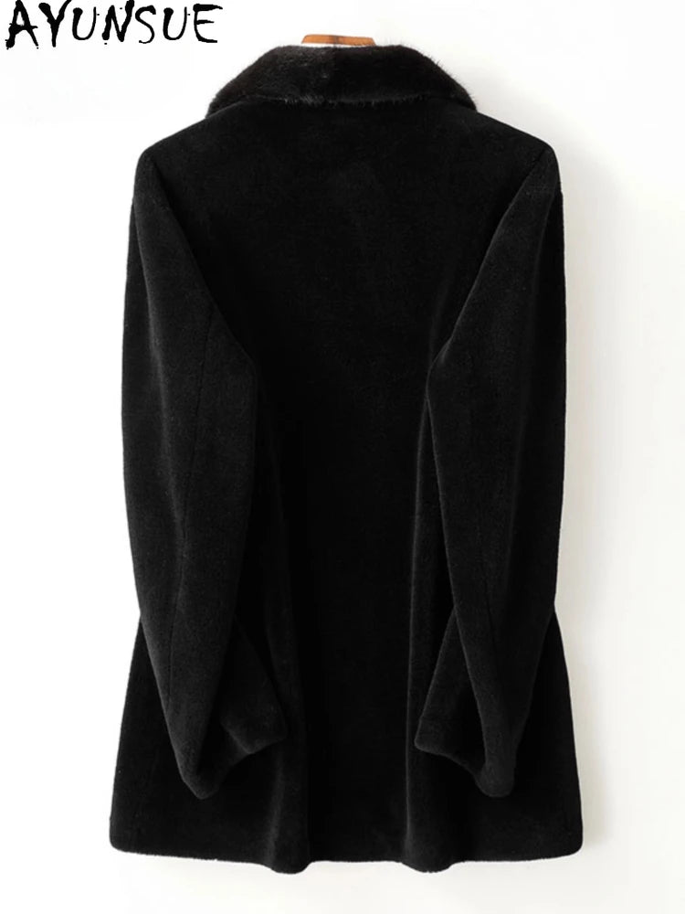 Men’s Winter Sheep Shearing Wool Jacket with Mink Fur Collar – Mid-Length Casual Coat