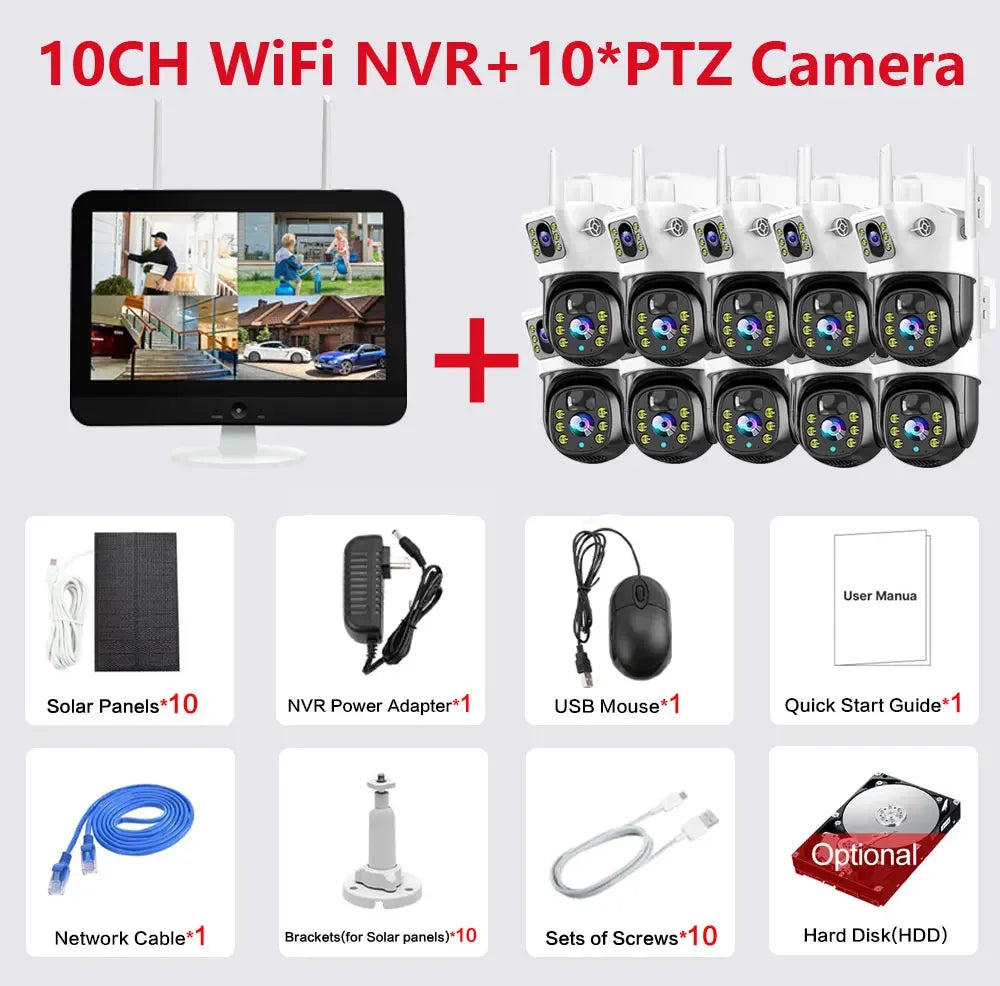 100% Wire-Free Solar PTZ Dual Lens 12.5" LCD Monitor 10CH WiFi NVR 8MP 4K Wireless Home Security Camera System