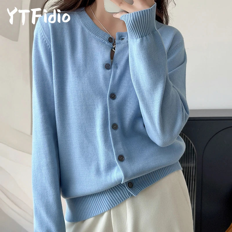 100% Cotton Women’s O-Neck Solid Cardigan – Luxury Designer Pullover