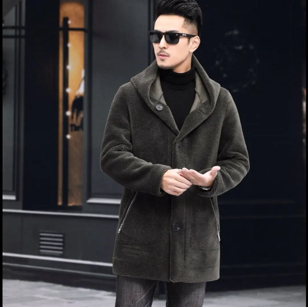 Men’s Winter Casual Thick Fleece Hooded Waterproof Jacket with Real Fur Wool Coat