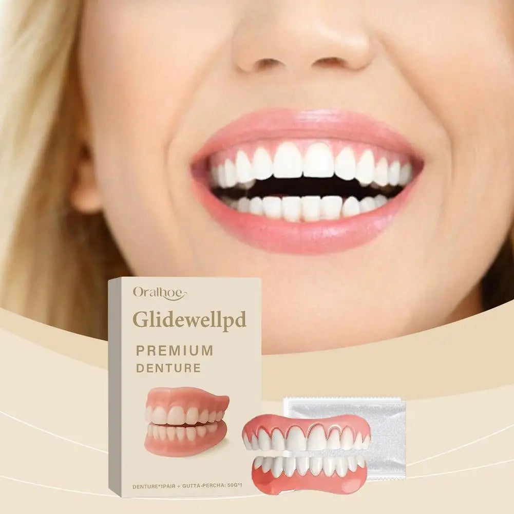 Full Denture Fake Teeth Set with Silicone Upper & Lower Veneers – Natural Fit Smile Kit with Adhesive Gel