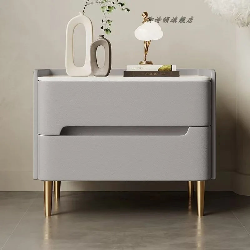 Luxury Modern Nightstand with Drawer, Glossy Marble Top, Gold Metal Legs, Faux Leather Bedside Table