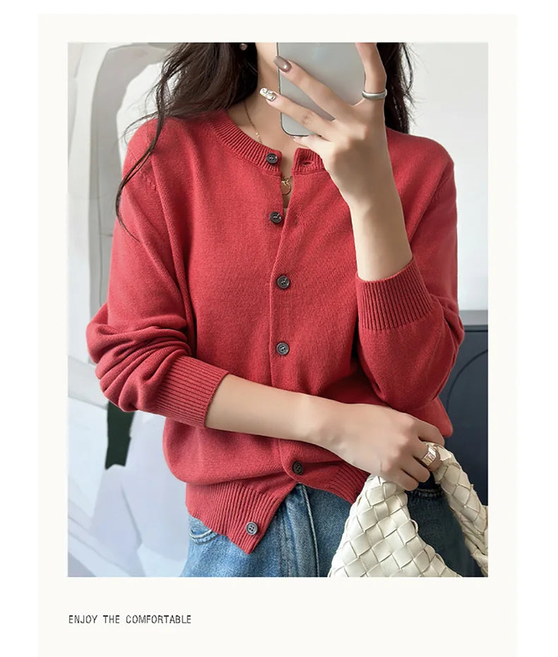 100% Cotton Women’s O-Neck Solid Cardigan – Luxury Designer Pullover