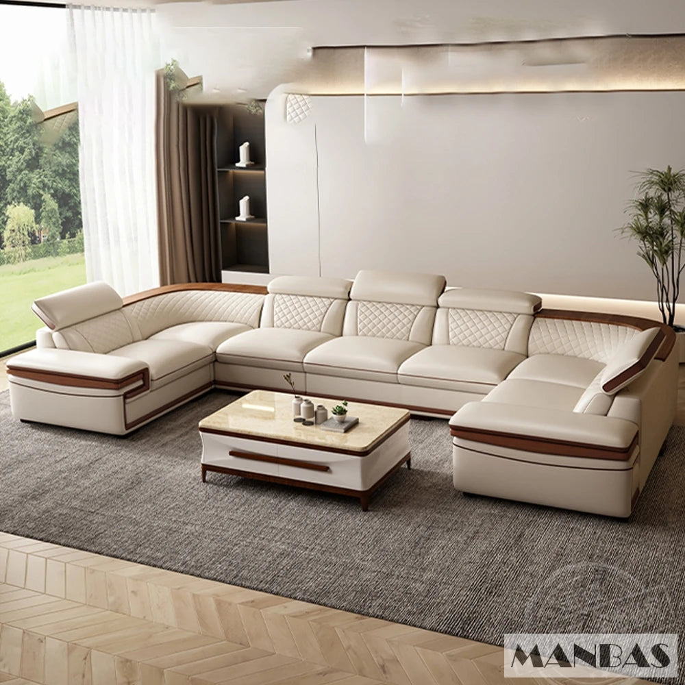 MINGDIBAO Italian Genuine Leather L-Shaped Sofa Set with Adjustable Headrests, Bluetooth Speaker & Wireless Charging