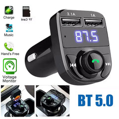 Car charger with Bluetooth and USB ports on a white background