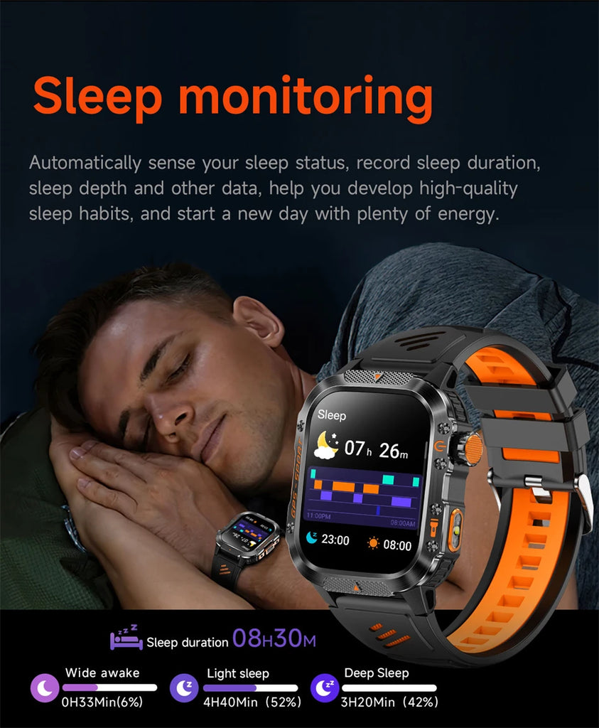 Military-Grade GPS Smartwatch for Men – 2.01” AMOLED, Bluetooth Calling, 3ATM Waterproof, 100+ Sports, 540mAh Battery
