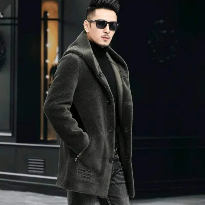 Men’s Winter Casual Thick Fleece Hooded Waterproof Jacket with Real Fur Wool Coat