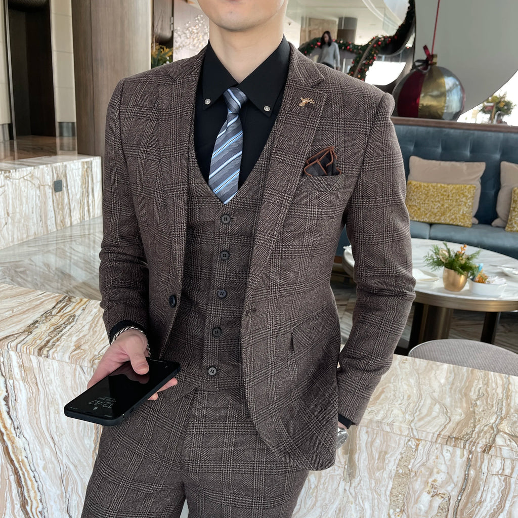 Men’s Modified Plaid Three-Piece Suit – Slim Fit England Style Vest & Trousers Set