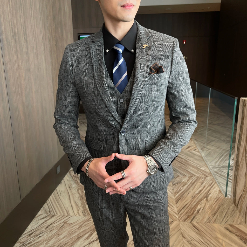Men’s Modified Plaid Three-Piece Suit – Slim Fit England Style Vest & Trousers Set