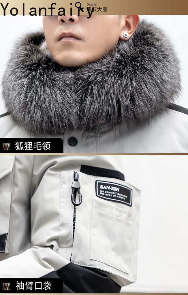 Real Mink Fur Inner Coat Men 90% Down 10% Feather Winter Mid-Length Jacket with Hood and Fox Fur Collar