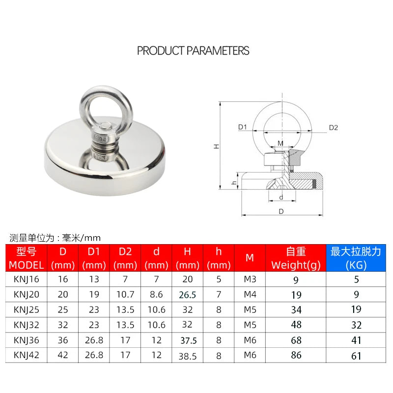 Super Strong Neodymium Fishing Magnet with Eyebolt and Countersunk Hole