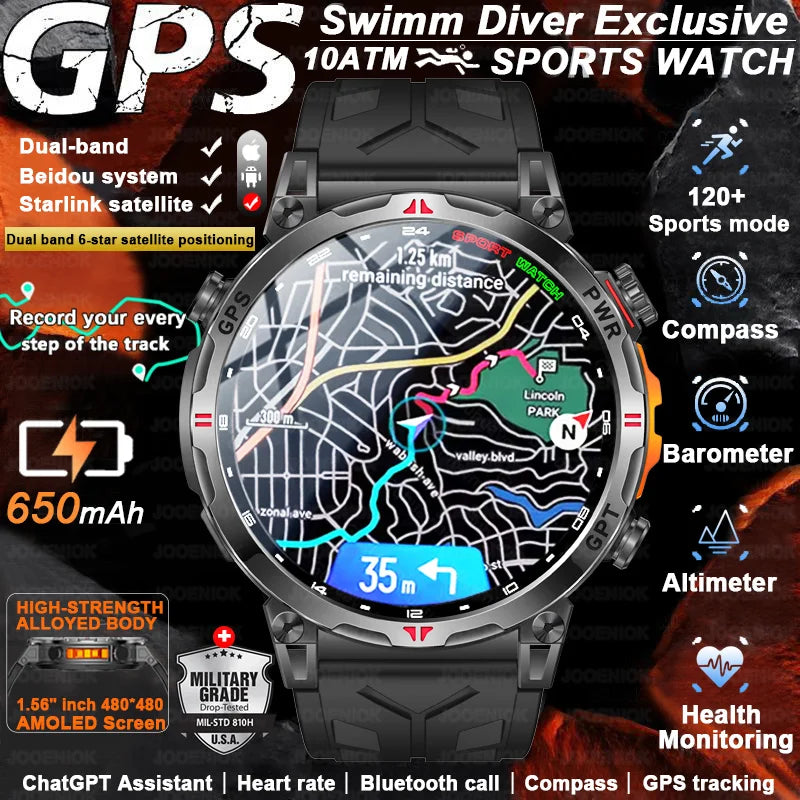 Outdoor Sports Smartwatch for Men – GPS, 1.56-inch AMOLED, 5ATM Waterproof, 650mAh Battery, Compass & HD Call