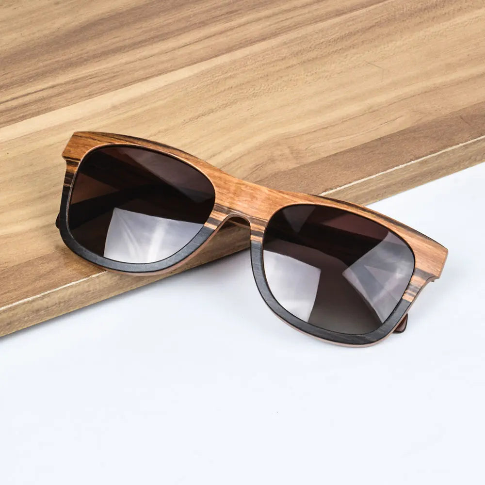SHINU Handmade Natural Wood Polarized Sunglasses – Ebony, Zebra & Red Sandalwood UV400 Rectangle Frame for Men & Women