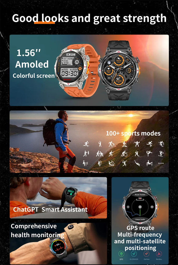 Outdoor Sports Smartwatch for Men – GPS, 1.56-inch AMOLED, 5ATM Waterproof, 650mAh Battery, Compass & HD Call