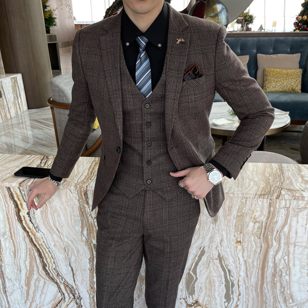 Men’s Modified Plaid Three-Piece Suit – Slim Fit England Style Vest & Trousers Set