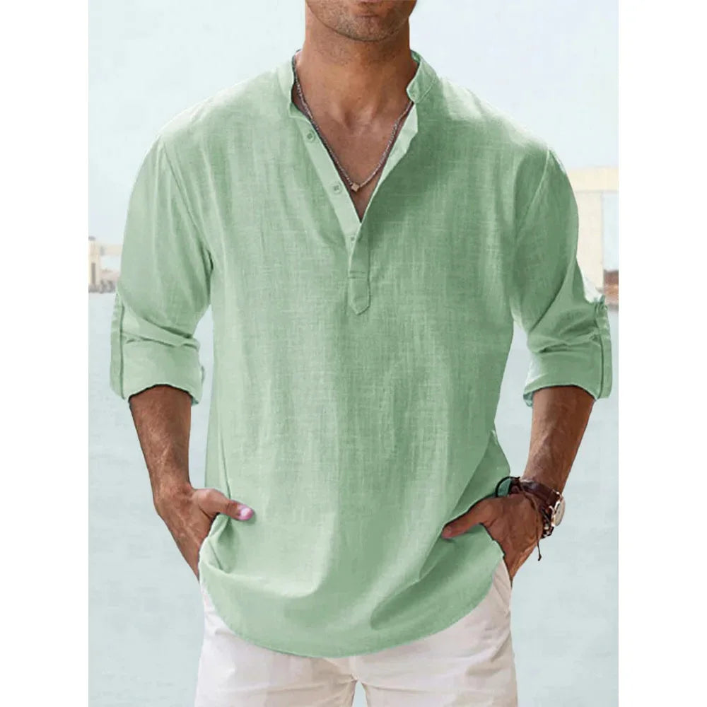 Men’s Cotton Linen Henley Short Sleeve Casual Shirt – Summer Beach & Everyday Wear