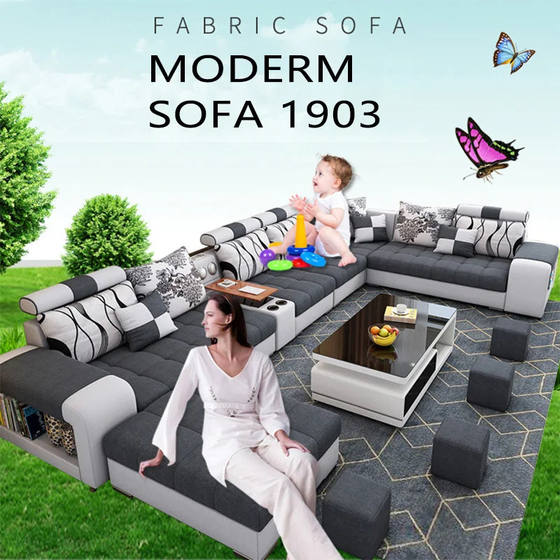 Modern U-Shaped Fabric Sofa Set with USB & Stools – Living Room Couch, Customizable Colors