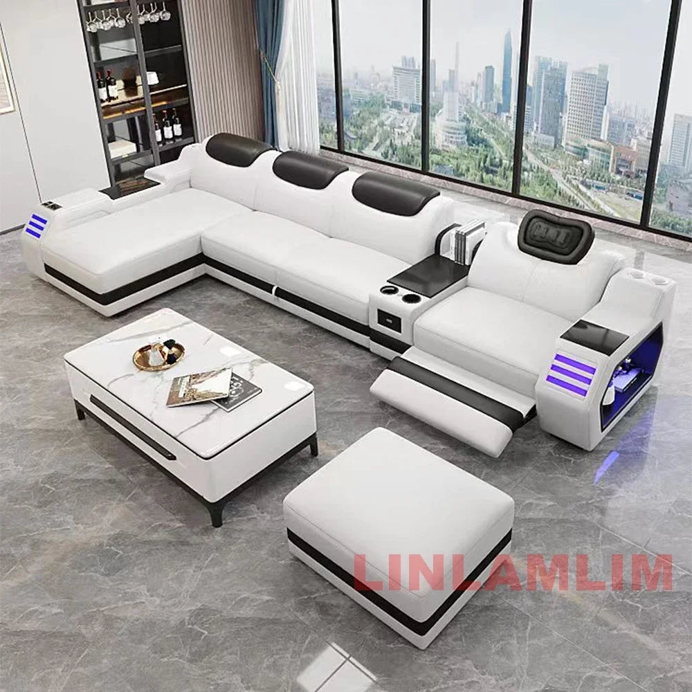 Modern L-Shaped Leather Sectional Sofa Bed with Adjustable Headrests, LED Lights, Storage & USB Ports
