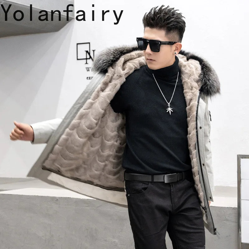 Real Mink Fur Inner Coat Men 90% Down 10% Feather Winter Mid-Length Jacket with Hood and Fox Fur Collar