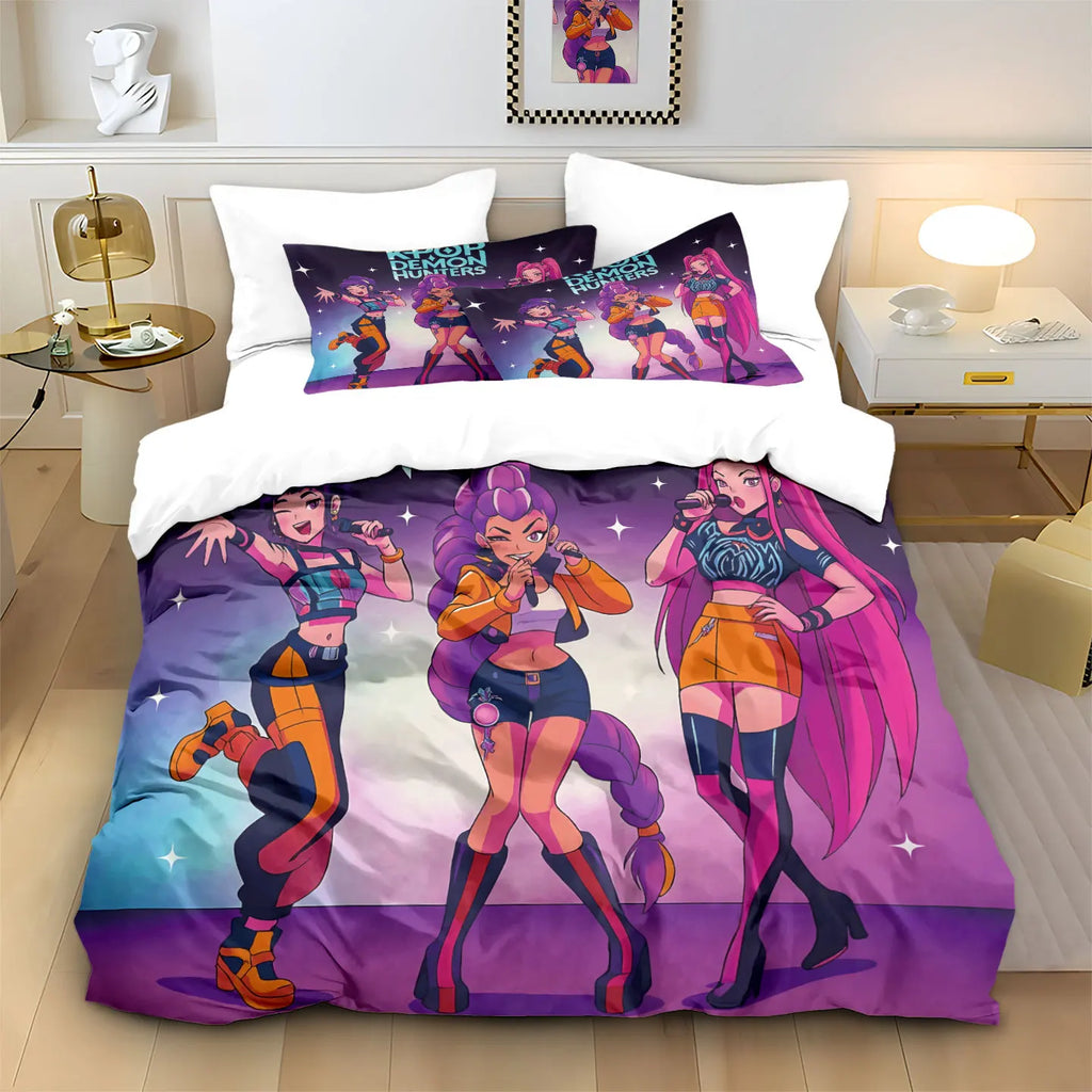 3pcs K-Pop Bedding Set Demon Hunters Colorful Print Polyester Duvet Cover with Pillowcases