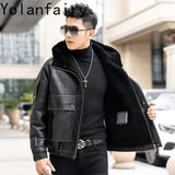 Men’s Natural Sheepskin Leather Jacket with Real Fur Hood – Winter Wool Lined Fur Coat thumbnail 4