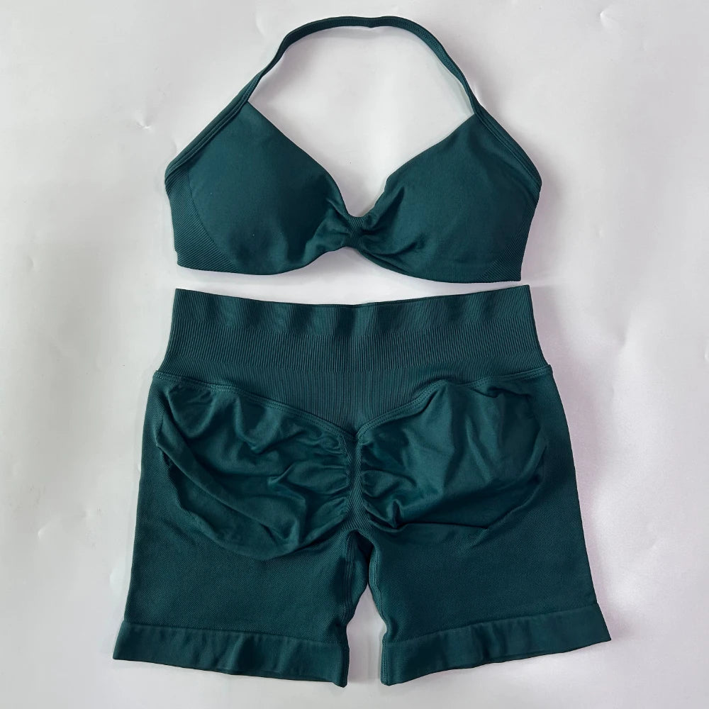 Women’s 2-Piece Seamless Gym Set – Strappy Yoga Bra & High-Waist Scrunch Shorts Workout Suit
