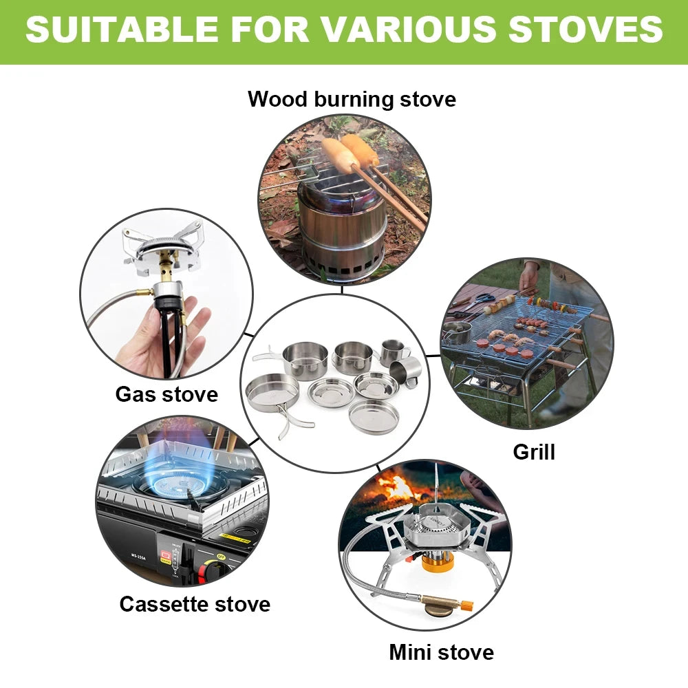 8PCS Stainless Steel Camping Cookware Mess Kit – Lightweight, Durable & Ready for Adventure