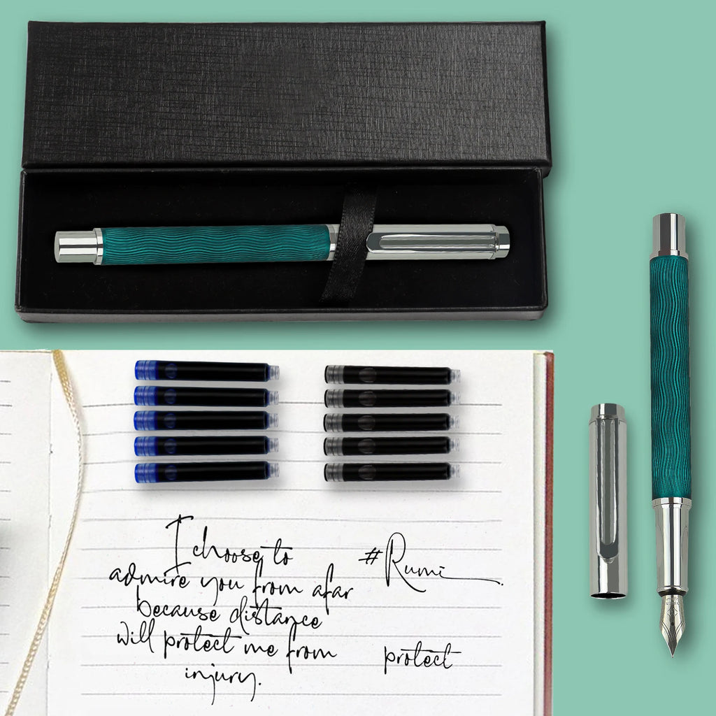 Luxury Flowing Curve Metal Fountain Pen Medium Nib Writing & Calligraphy Set Gift Box