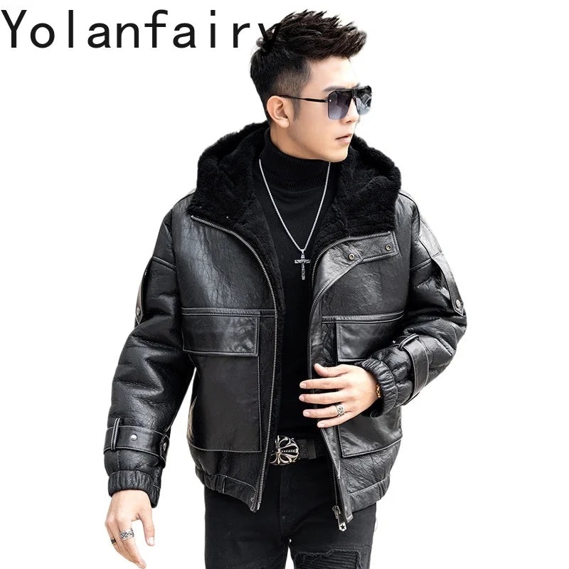 Men’s Natural Sheepskin Leather Jacket with Real Fur Hood – Winter Wool Lined Fur Coat