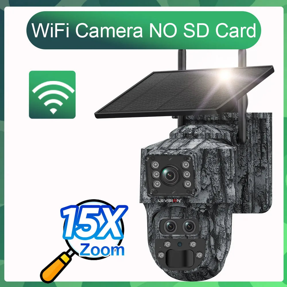 LS VISION 12MP 6K Solar Camera 15X Zoom 4G/WiFi Triple Lens Night Vision PTZ Trail Camera
