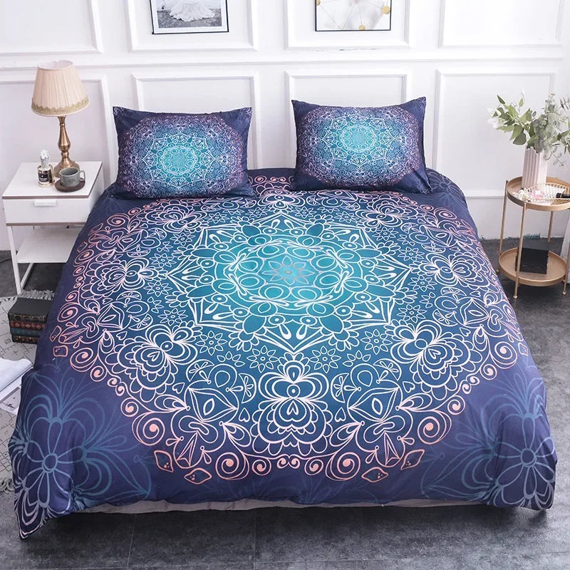 Mandala Lotus Flower Duvet Cover Set King Size Blue Purple Pink Bohemian 3D Print Bedding